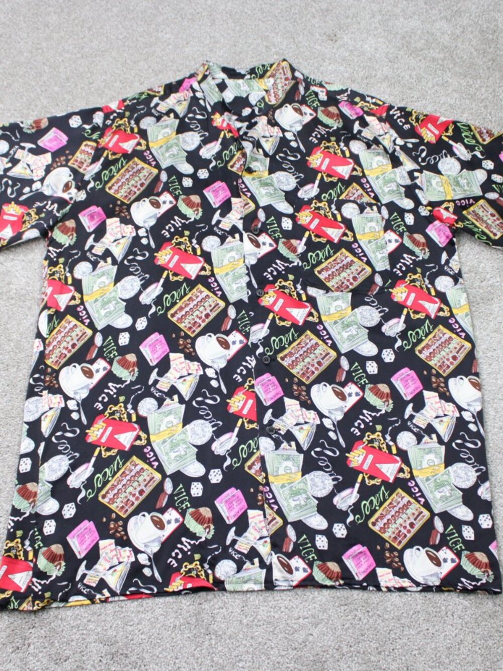VTG Nicole Miller Vices Shirt Mens XL Black Colorful AOP 100% Silk Short Sleeve